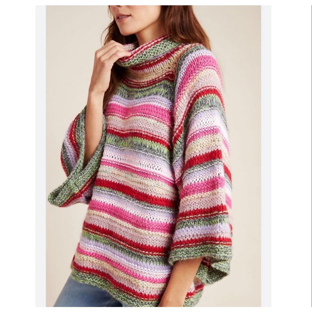 Anthropologie Sweater Womens M/L Multicolored Striped Bell Sleeve Cowl Neck